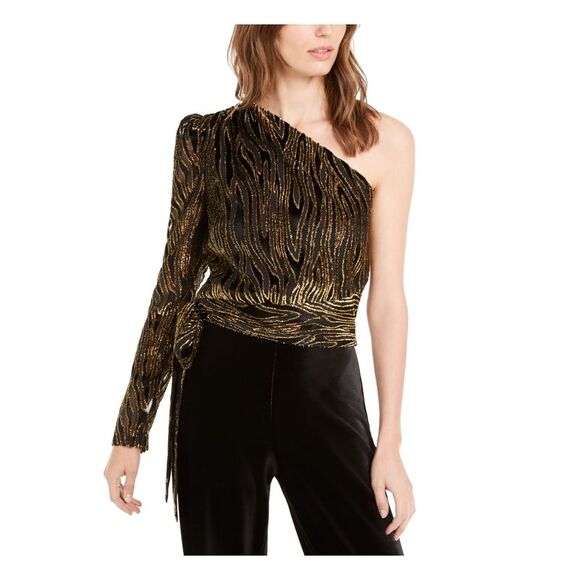 RACHEL ZOE Womens Black Asymmetrical Neckline Evening Top 0
